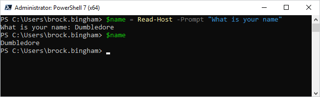 This is an example of how to assign the input of the Read-Host cmdlet to a variable in PowerShell.