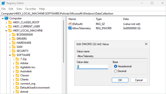 Setting the AllowTelemetry value data to 0.