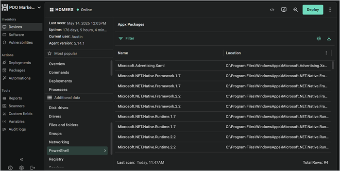 PDQ Connect device details page showing Appx Packages PowerShell scanner results with package names and install locations.