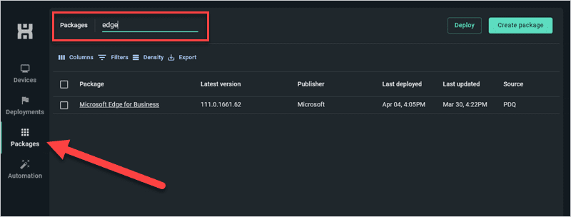 Locating Edge for Business in PDQ Connect Packages tab