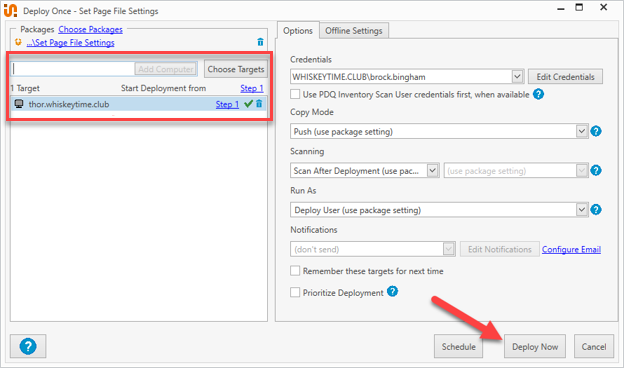 Screenshot of the PDQ Deploy UI showing  Add Computer > Deploy Now.