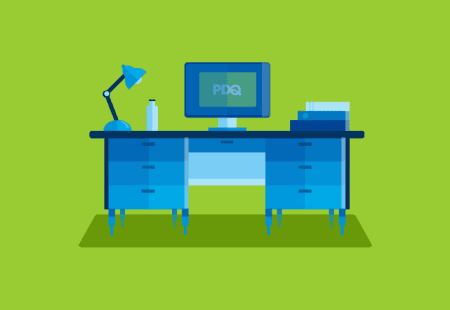 Illustration of computer desk and monitor with PDQ logo