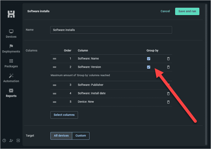 Using the Group By option to group report results by certain columns in PDQ Connect.