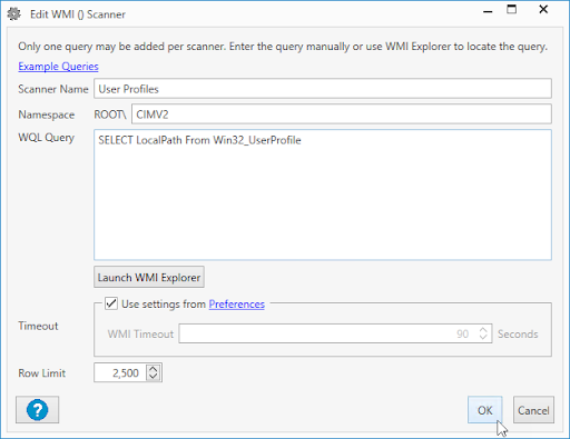 SELECT LocalPath From Win32_UserProfile for our WQL Query and click OK