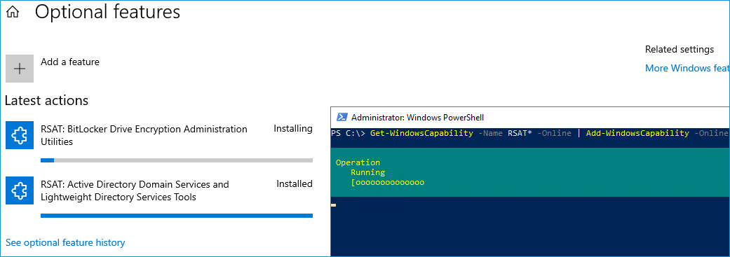 Screenshot of RSAT installation progress when using PowerShell.