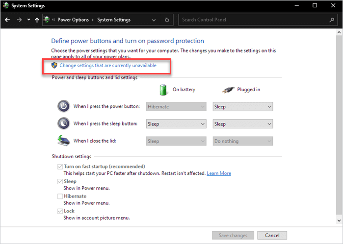 Enable the setting by clicking Change settings that are currently unavailable.