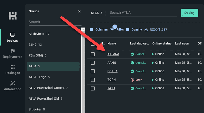 Screenshot of how to open a device page by clicking on the device link.