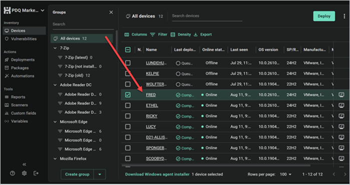 Screenshot of how to open a device page by clicking on the device link.
