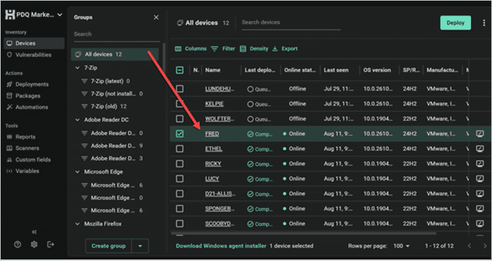 Screenshot of how to open a device page by clicking on the device link.