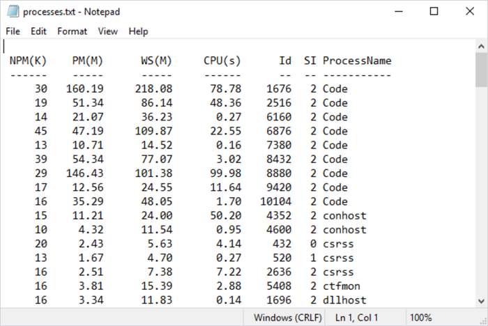 Get-Process results sent to a TXT file