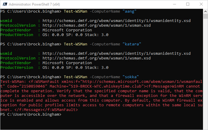 Screenshot of PowerShell showing running a command on different devices to test if Windows Remote Management is enabled or not.