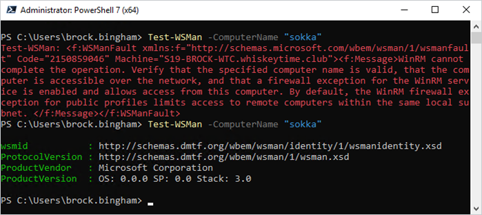 Screenshot of PowerShell showing verifying that the quick configure command worked to enable WinRM.