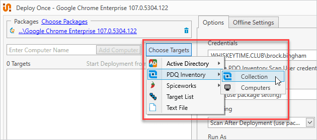 Adding a PDQ Inventory collection as the deployment target
