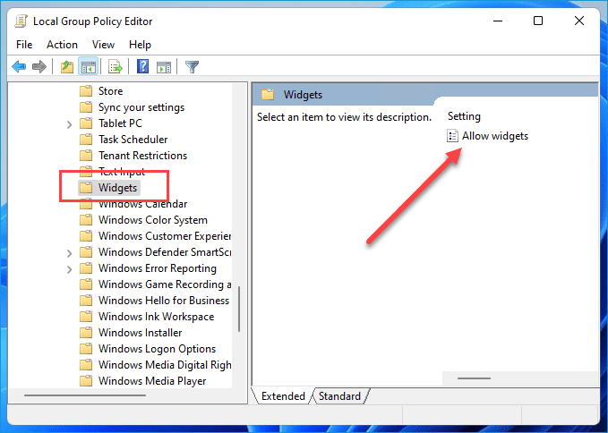 Local Group Policy Editor open to the Widgets section with red arrow pointing to the “Allow widgets” setting.