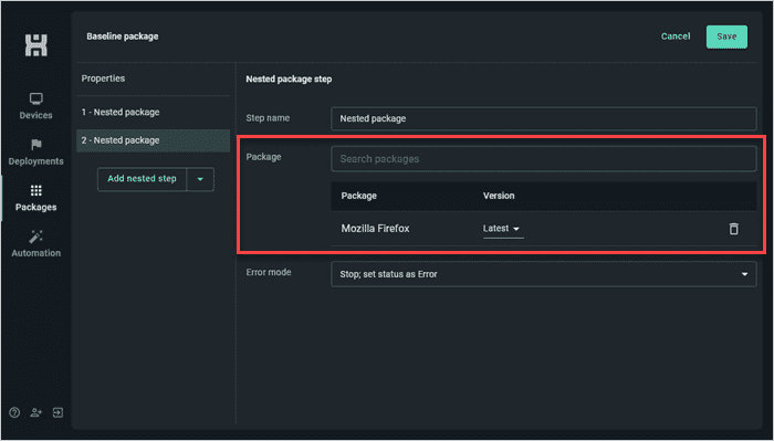 Add the package you want to nest to the nested step.