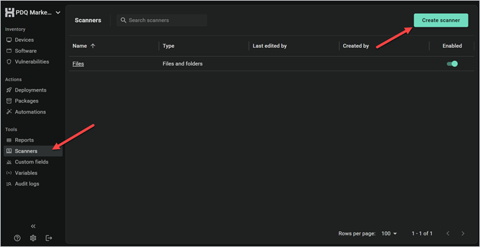 PDQ Connect Scanners page showing a file and folder scanner configuration with the Create scanner button and Scanners menu highlighted.