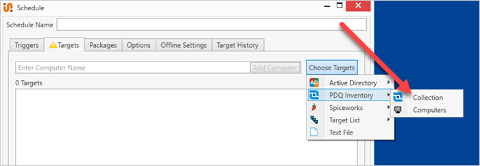 PDQ Deploy schedule Targets tab showing Choose Targets menu selecting a PDQ Inventory collection.