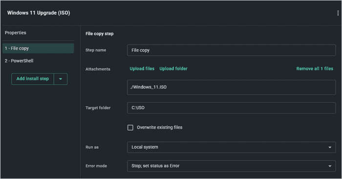 A file copy step that transfers the Windows 11 ISO file to target devices.