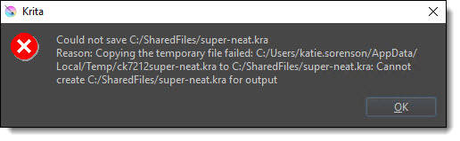 C:\SharedFiles.Krita can no longer write to the directory when I attempt to save changes.