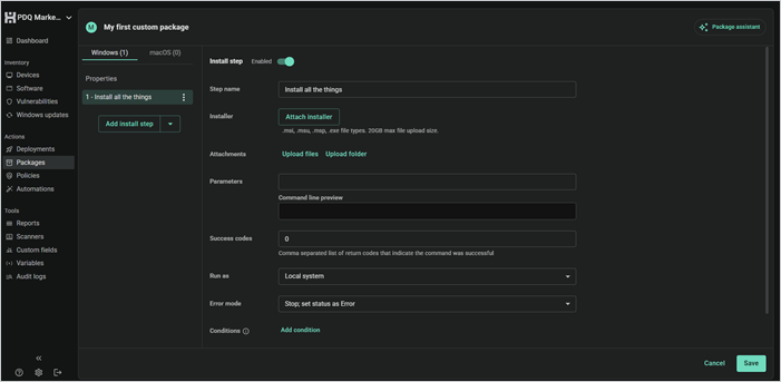 PDQ install step with installer, attachments, parameters, success codes, run as, error mode, and conditions settings.