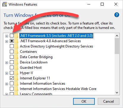 Select .NET Framework 3.5 to add it to your computer.