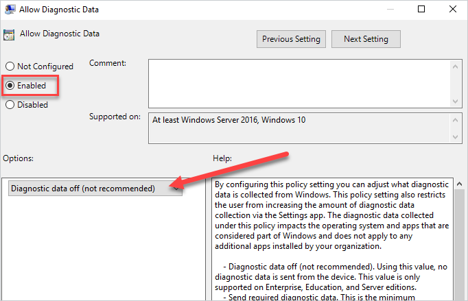 Enabling the diagnostic data setting in Group Policy and configuring it to "off."