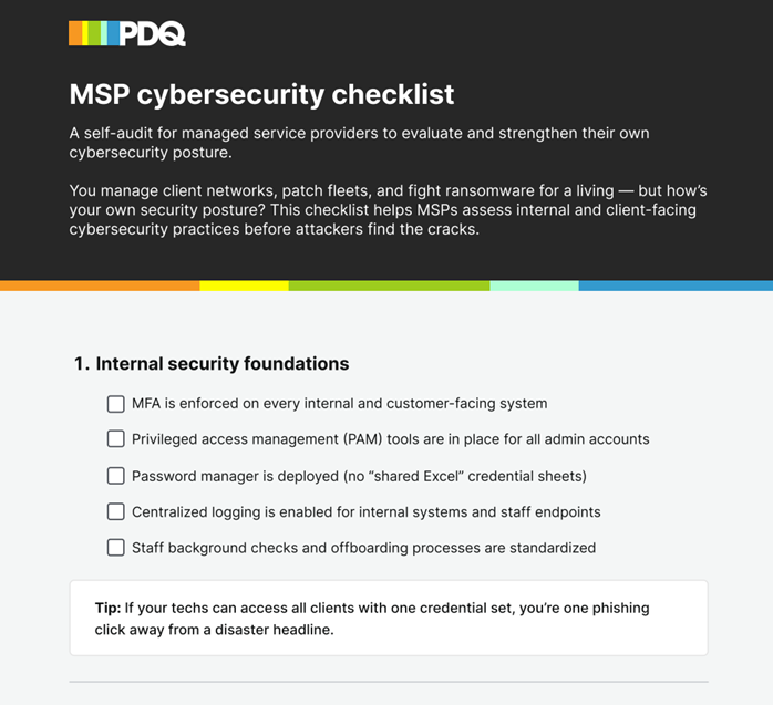 Top section of the PDQ MSP cybersecurity checklist showing the title, overview text, and Internal security foundations list with five checklist items and a tip about securing credential access.