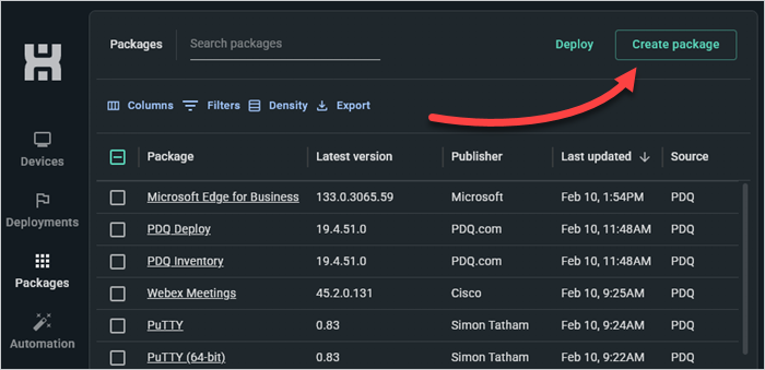 Click the "Create package" button in PDQ Connect.