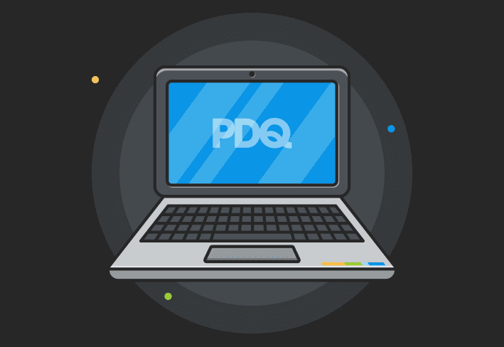 PDQ logo on a laptop with dark grey background