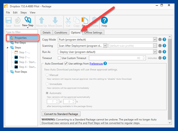 Double click on Dropbox Pilot package to access package settings and select Options within the Properties tab