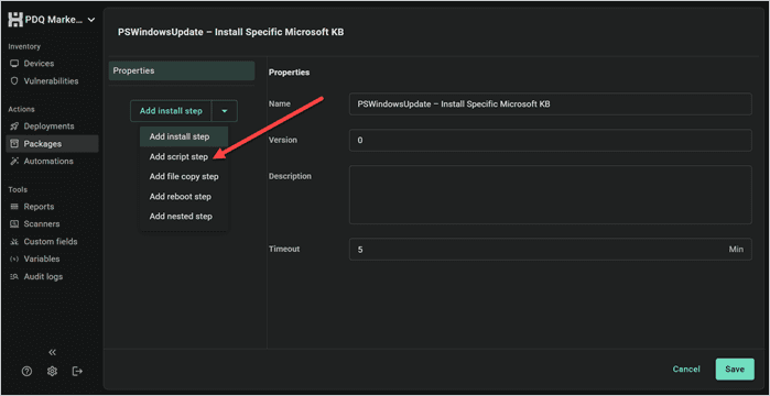 Add a new step to you PDQ Connect package.