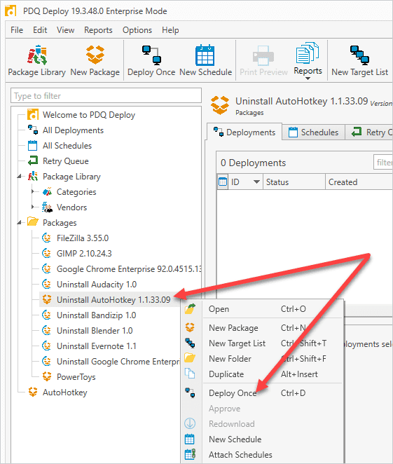Screenshot of deploying an uninstall package in PDQ Deploy.