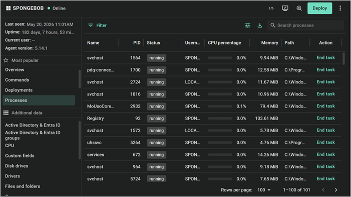 PDQ Connect Processes tab showing running Windows processes with CPU usage, memory, file path, and end task options.