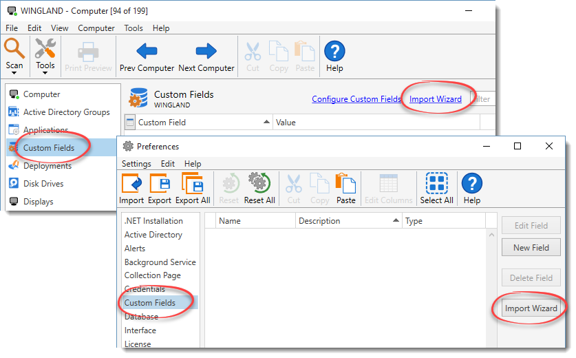 To launch the Import Wizard, click File > Preferences > Custom Fields, then click Import Wizard (or on the Custom Fields page of the Computer window, click Import Wizard).