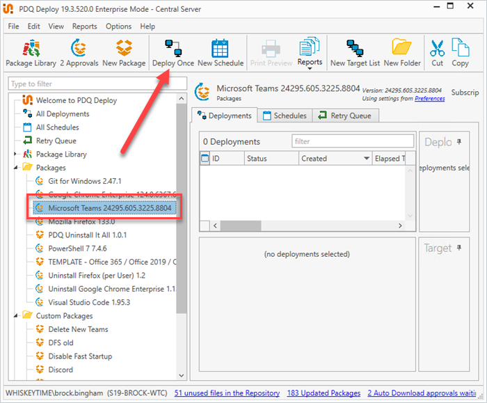 Screenshot showing the Microsoft Teams package and Deploy Once button in PDQ Deploy. 