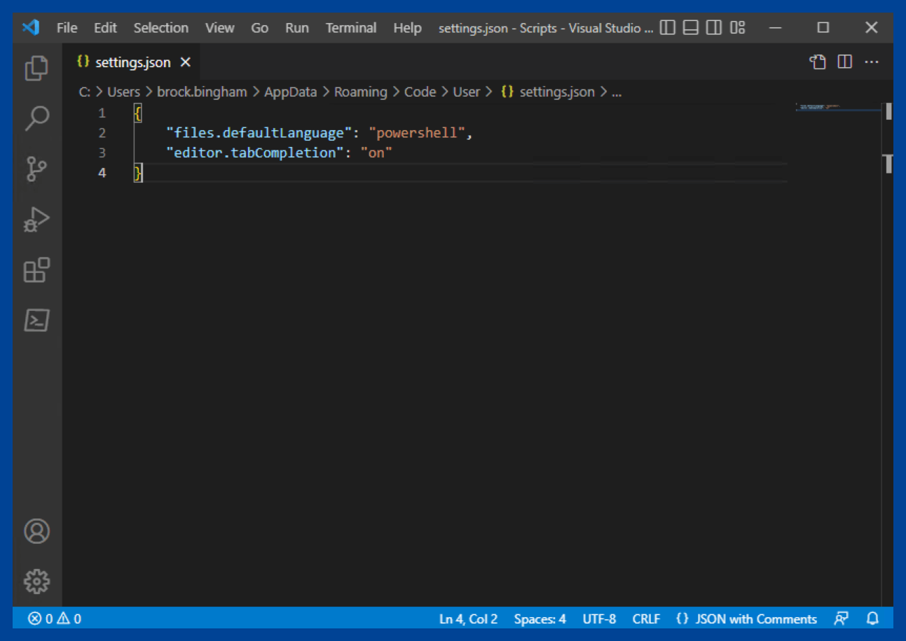 Settings contained in the settings.json file in VS Code