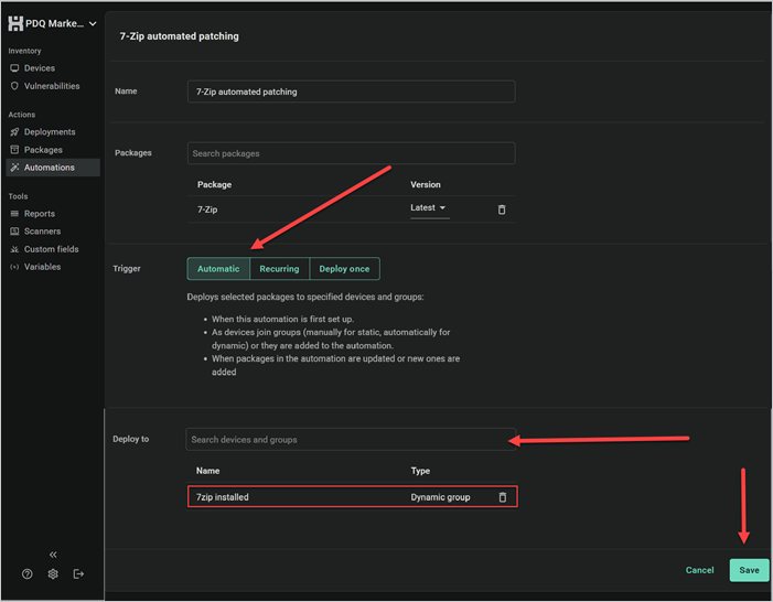 PDQ automation configuration for 7-Zip updates, set to automatic trigger and deploying to "7zip installed" dynamic group.