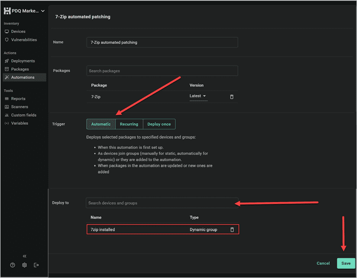 PDQ automation configuration for 7-Zip updates, set to automatic trigger and deploying to "7zip installed" dynamic group.