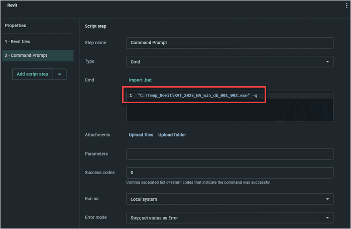 Revit package command prompt step settings.