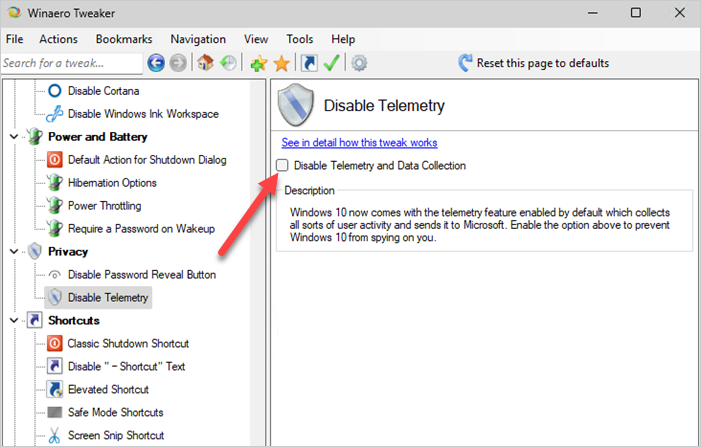 Disabling Windows telemetry using the third party app, Winaero Tweaker.