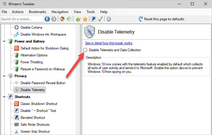 Disabling Windows telemetry using the third party app, Winaero Tweaker.