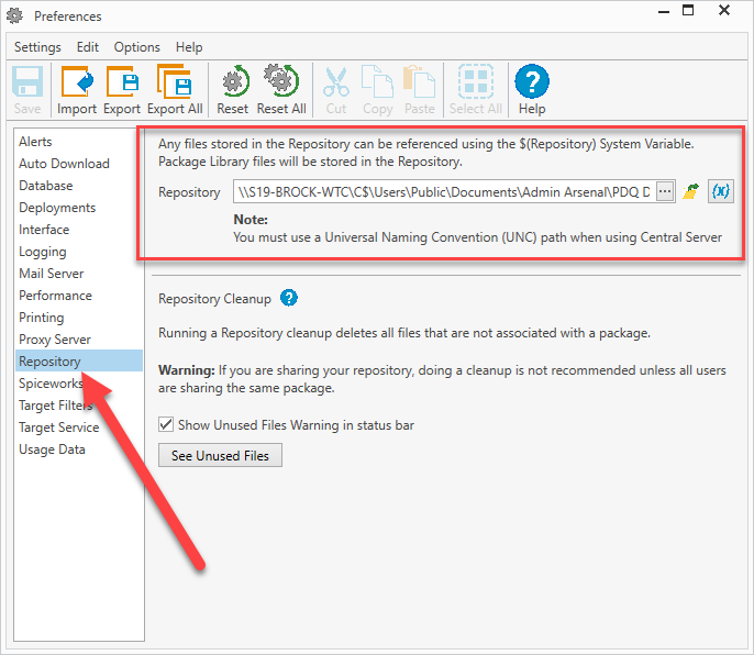 Setting your repository location in PDQ Deploy.