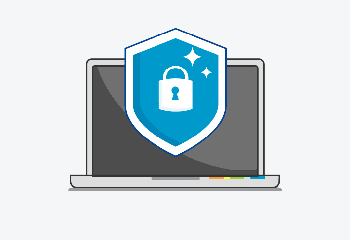 Illustration of computer with shield and lock that represents security