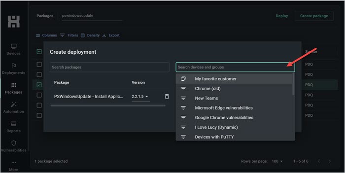 Screenshot of the PDQ Connect Create deployment window showing the My favorite customer group in the Search devices and groups field.