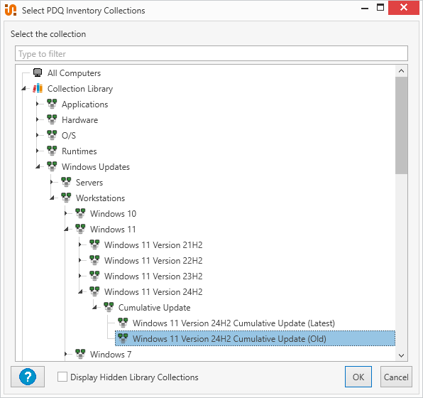 Select PDQ Inventory Collections dialog highlighting Windows 11 Version 24H2 Cumulative Update (Old) collection.