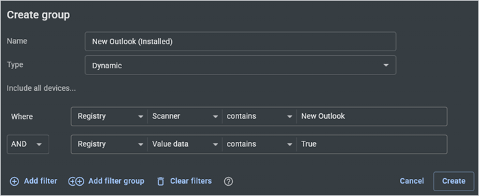 Creating a dynamic group in PDQ Connect to group devices that have the new Outlook installed.