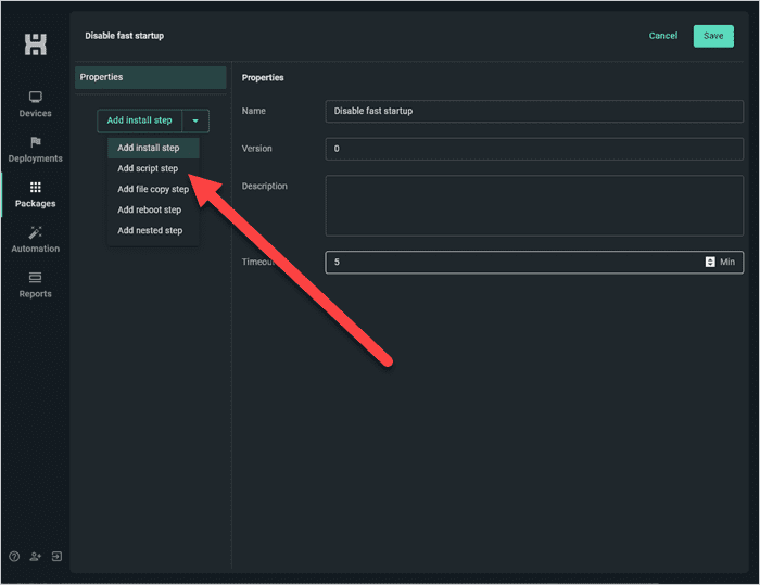 Add a script step to the package.