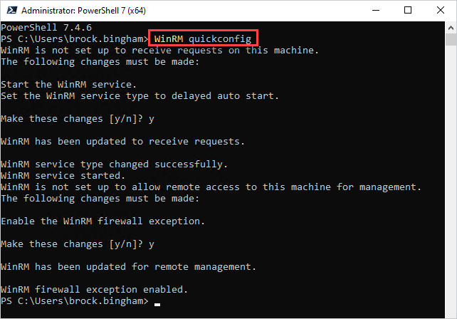 Screenshot of PowerShell showing running the WinRM quickconfig command to configure WinRM.