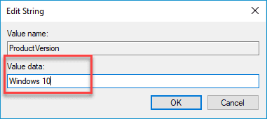 Screenshot showing entering "Windows 10" as the value data for ProductVersion.