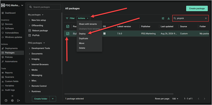 PicPick package selected in PDQ with the Actions menu open and Deploy highlighted.